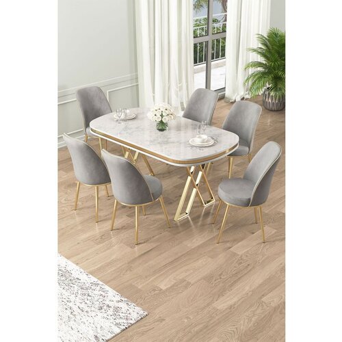 Hanah home Lai - White, Gold, Grey WhiteGoldGrey Dining Table & Chairs Set (7 Pieces) Cene