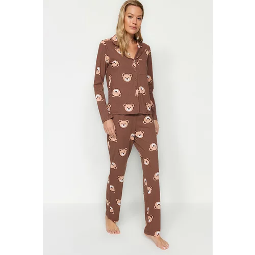 Trendyol Brown 100% Cotton Teddy Bear Printed Shirt-Pants Knitted Pajamas Set