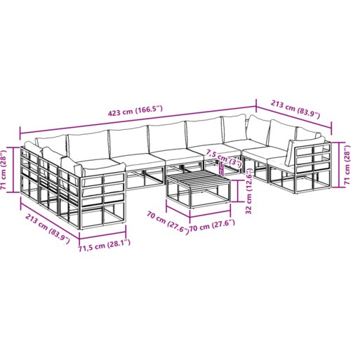 VidaXL Vrtna sedežna garnitura 11 pcs Črna 70 x 70 x 32 cm Aluminij Slike