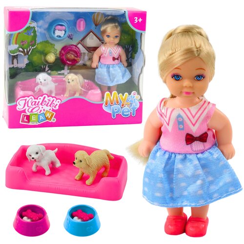 Mini Doll Set with Two Dogs, Bed, Food Bowl Slike
