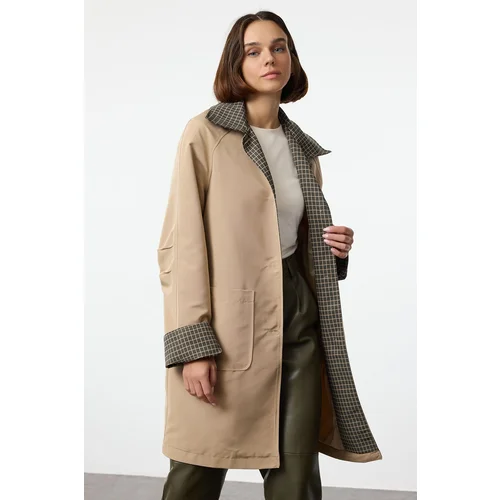 Trendyol Beige Regular Plaid Lined Midi Trench Coat