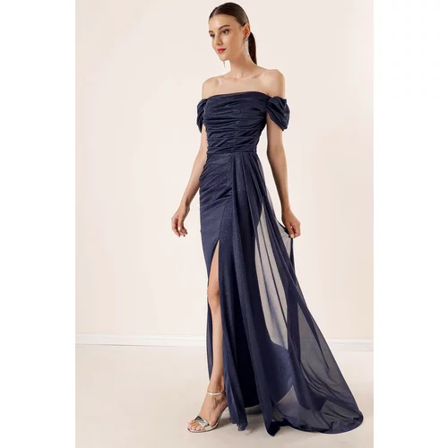 By Saygı Navy Blue Lined Long Sleeve Glittering Dress With Pleats