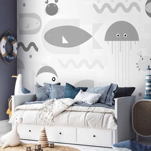  Foto tapeta - Minimalist grey ocean - geometric fish in water for children 450x315 Vodootporna Slike