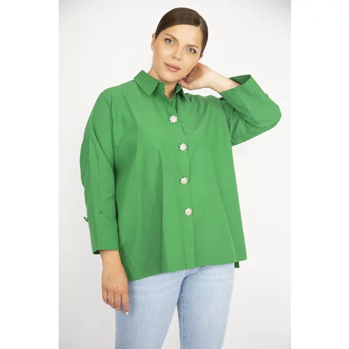 Şans Women's Plus Size Emerald Green Stone Buttoned Side Slit Shirt