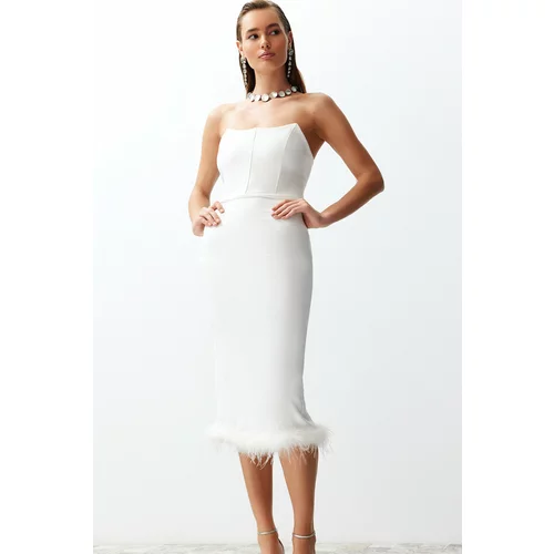 Trendyol White Lined Bodice Detailed O-trimmed Wedding/Wedding Elegant Evening Dress
