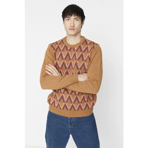 Trendyol Camel Men Slim Fit Crew Neck Patterned Knitwear Sweater