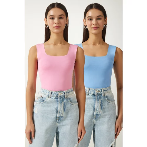 Happiness İstanbul Women's Pink Sky Blue Square Collar Thick Strap 2 Pack Knitwear Blouse