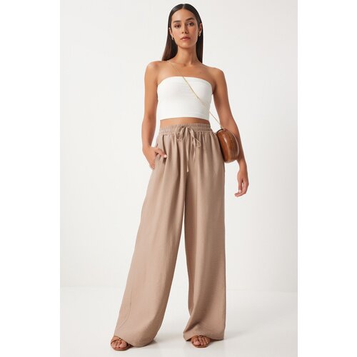 Happiness İstanbul Women's Beige Wide Leg Casual Ayrobin Trousers Slike