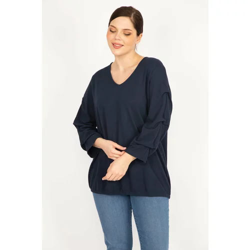 Şans Women's Navy Blue Plus Size Sleeve Detailed Elastic Hem Tunic