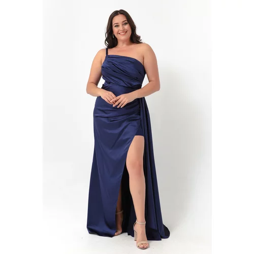 Lafaba Women's Navy Blue One-Shoulder Plus Size Satin Evening Dress & Prom Dress