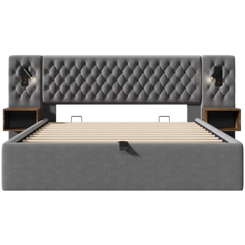 Lumor Oblazinjena postelja s predalom iz žameta 180x200 cm - 2 nočni omarici + 2 bralni lučki z USB priključkom - siva, (22151081) Cene