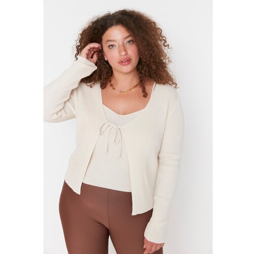 Trendyol Curve Beige V-Neck Tie Detailed Thin Knitwear Cardigan&amp;amp;Athlete Set Slike