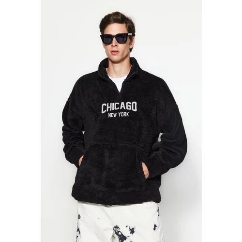 Trendyol Black Men's Oversize/Wide-Fit Zippered Stand Collar City Embroidery Thick Fleece/Plush Sweatshirt.