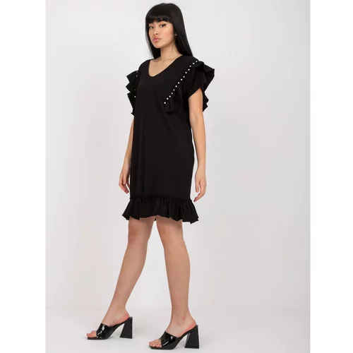 Fashion Hunters Black cotton casual dress with a frill