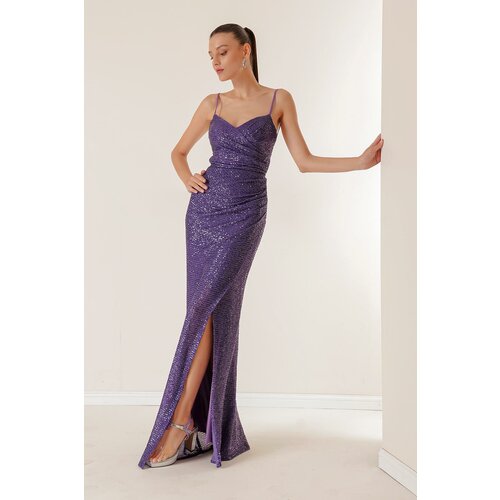 By Saygı Lined Long Puffy Dress with Rope Straps and Draped Front. Slike
