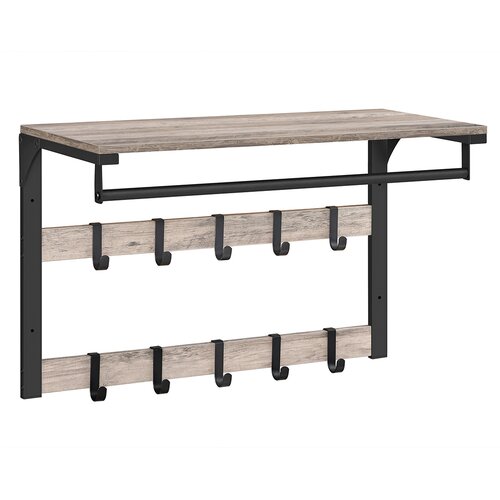 Songmics Stenski regal s polico, stenska polica z 10 odstranljivimi kavlji, viseča polica, stenska, 2 obe&amp;scaron;alnika za oblačila, obe&amp;scaron;alnik za oblačila, za predsobo, spalnico, kopalnico, sivo črna LCR101, (21669748) Slike