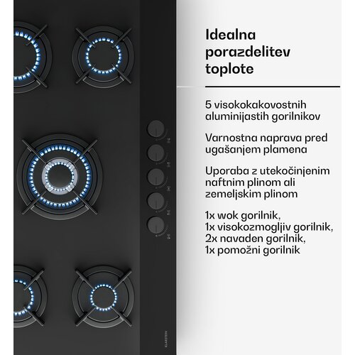 Klarstein Plinska ploča za kuhanje Velaire, 5 plamenika s električnim paljenjem, kompatibilna s prirodnim plinom i ukapljenim naftnim plinom, 10400 W, 90 cm Slike