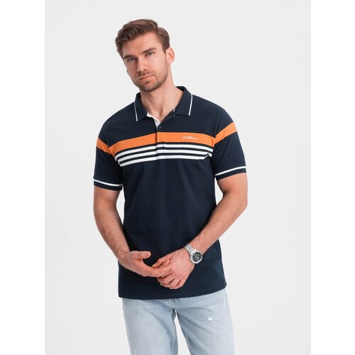 Ombre Fitted men's polo shirt with two-tone stripes - navy blue Cene