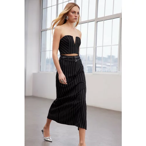 Trendyol Limited Edition Black Striped Long Belt Skirt