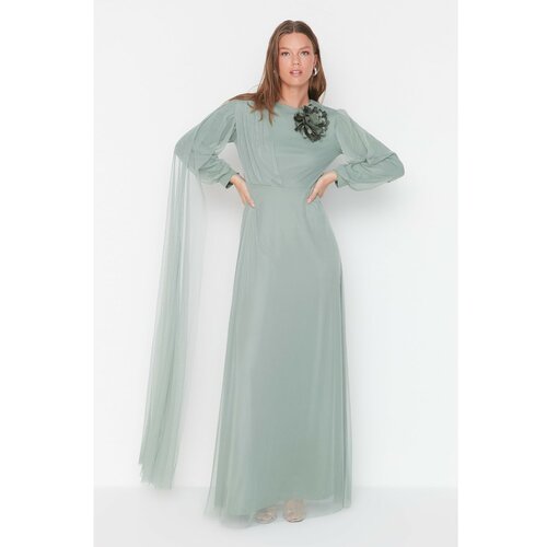 Trendyol Khaki Floral Detailed Sleeve Tulle Hijab Evening Dress Slike