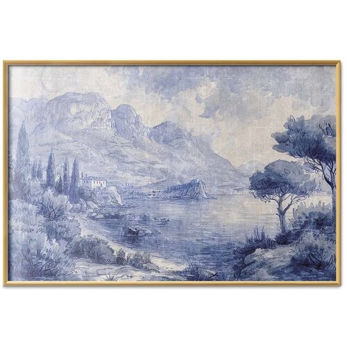  Plakat - Blue Bay - Italian Landscape of Lake Como Painted in Blue Ink 30x21 Zlatni okvir Cene