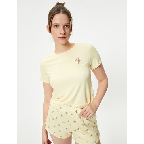 Koton Pajamas Set With Shorts Ribbed Embroidered Short Sleeve Crew Neck Cene