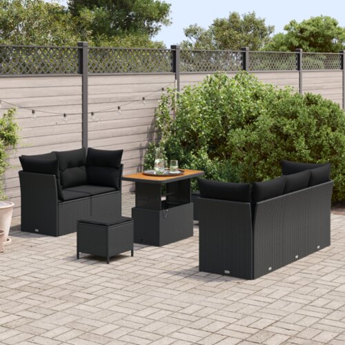 VidaXL Set od 8 komada vrtnih sofa s jastučićima Crni Poliratan Akacija, 3-dijelni set vrtnih blagovanja s jastučićima Crni Poliratan Akacija Slike