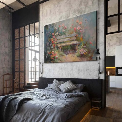  XXL slika - Flowery bench - impressionist painting full of flowers 220x147 Cene