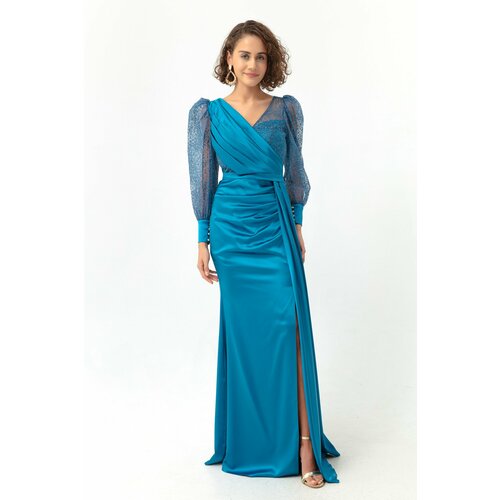 Lafaba Women's Turquoise Double Breasted Collar Silvery Long Satin Evening Dress. Cene