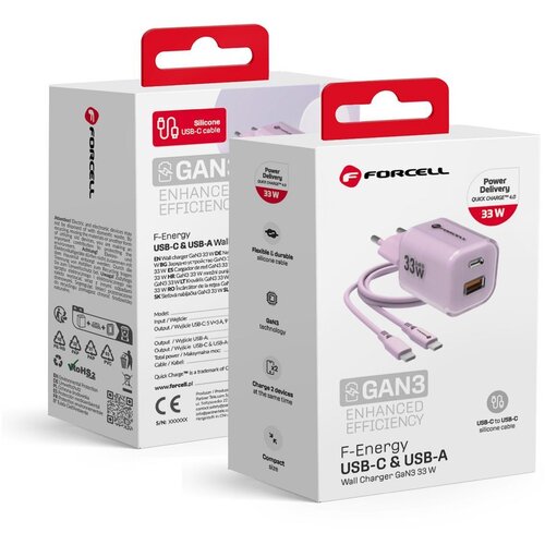 forcell f-energy crystal color gan III VT-41 putni punjač sa silikonskim kablom sa 1 x type c + 1x usb a utičnicama. pd QC4.0 33W ljubičasti Cene