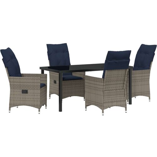  5-dijelni blagovaonski set s jastučićima siva poli ratan vrtni stol crni 160x80x73 cm staklo otporno na toplinu Slike