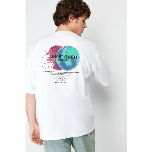 Trendyol Men's White Oversize/Wide-Fit Space Back Printed 100% Cotton T-shirt