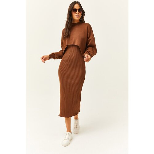 Olalook Women's Bitter Brown Top Crop Sweater Bottom Strap Dress Knitwear Suit Cene