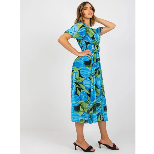 Fashion Hunters Blue and black patterned midi dress with a belt