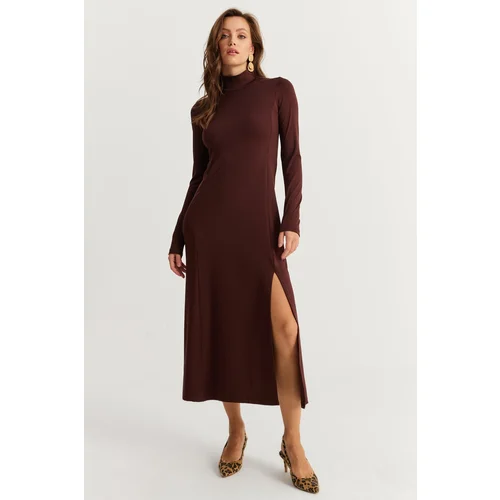 Cool & Sexy Women's Brown Turtleneck Midi Dress HOR15