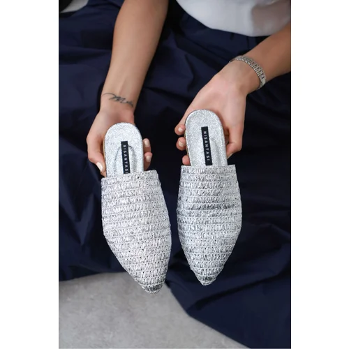 NİŞANTAŞI SHOES Moon Silver Metallic Knitted Detail Flat Sole Women's Slippers