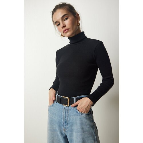  Women's Black Turtleneck Ribbed Knitted Blouse Cene