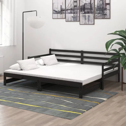 vidaXL Izvlečna dnevna postelja 2x(90x200) cm črna trdna borovina