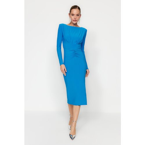 Trendyol Blue Fitted Knitted Draped Elegant Evening Dress Slike