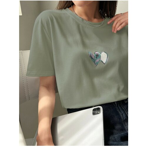 Know Women's Turquoise Double Heart Printed Oversized T-shirt Cene