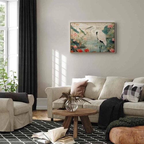  Slika - By an Asian pond - an illustration in the style of a Japanese engraving depicting a heron 60x40 U prirodnom drvenom okv Slike
