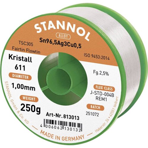 Stannol mehka spajkalna žica Kristall 611 v zlitini Flowtin TSC305 z 2\,5% pretoka 1\,0 mm s premerom na 250 g koluta Kristall 611 Fairtin spajkalna žica\, neosvinčena neosvinčeni Sn, (20395571) Cene