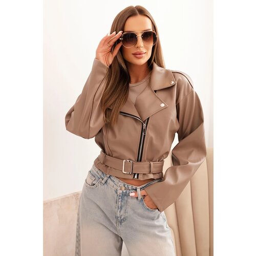 Kesi Włoski Short women&amp;#039;s jacket made of eco-leather with a belt and collar fango Slike