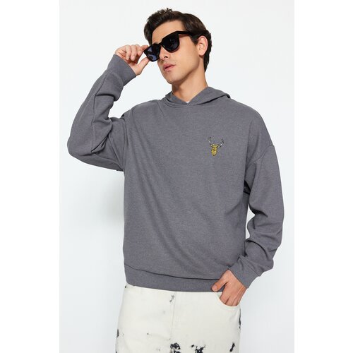Trendyol Gray Men's Oversize Hoodie with Animal Embroidery Textured Sweatshirt. Slike