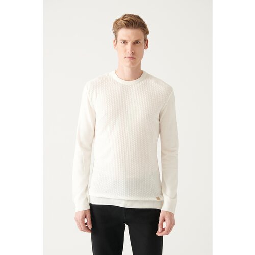 Avva Men's White Crew Neck Front Textured Standard Fit Normal Cut Knitwear Sweater Slike