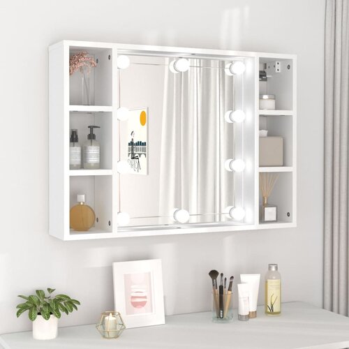 VidaXL Ormarić s ogledalom i LED svjetlima bijeli 76 x 15 x 55 cm Slike