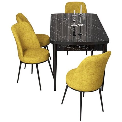 Hanah home trpezarijski set Via, sto na razvlačenje i 4 stolice, ploča u dekoru crnog mermera, senf žuta tkanina Jerry Cene