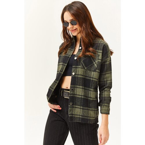 Olalook Women's Khaki Black Single Pocket Thick Plaid Lumberjack Shirt Slike