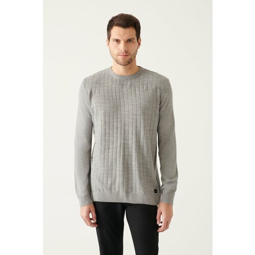 Avva Men's Gray Crew Neck Front Textured Standard Fit Normal Cut Knitwear Sweater Slike