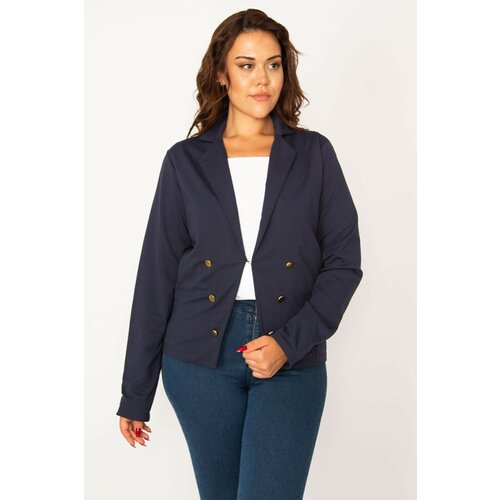 Şans Women's Plus Size Navy Blue Agraph Closure Ornamental Metal Buttons Lined Classic Jacket Cene